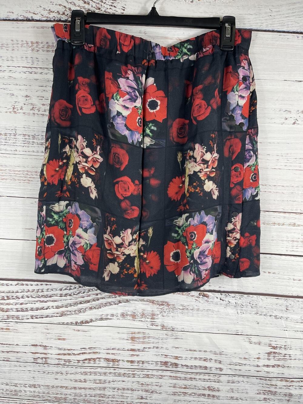 Kenzo Skirt Women's 42 US M BLK Red Silk Elastic Waist Floral Print Snap Button